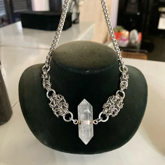 Genuine Double point clear crystal quartz maille silver boho choker necklace . - Picture 2 of 11